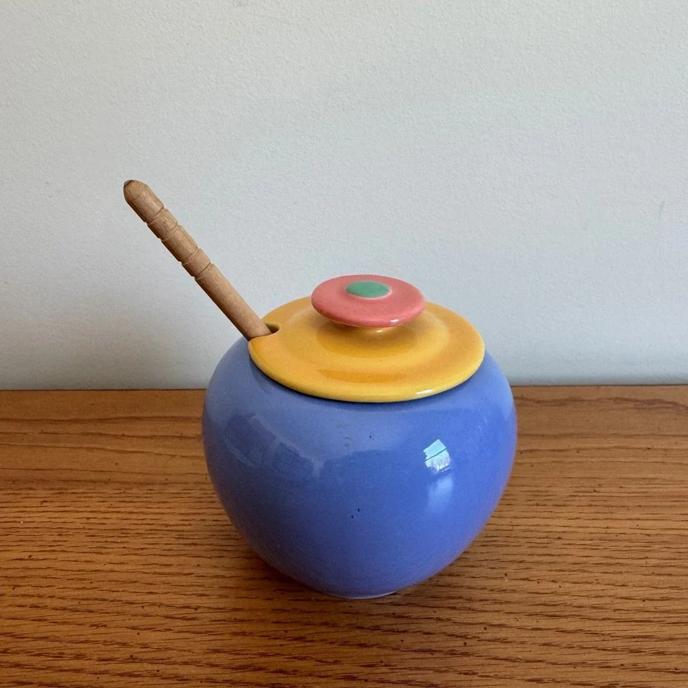 Vintage Ceramic Honey Pot Jar with Lid and Wooden Dipper Pastel‎ Colors